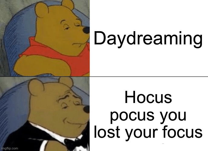 E | Daydreaming; Hocus pocus you lost your focus | image tagged in memes,tuxedo winnie the pooh | made w/ Imgflip meme maker