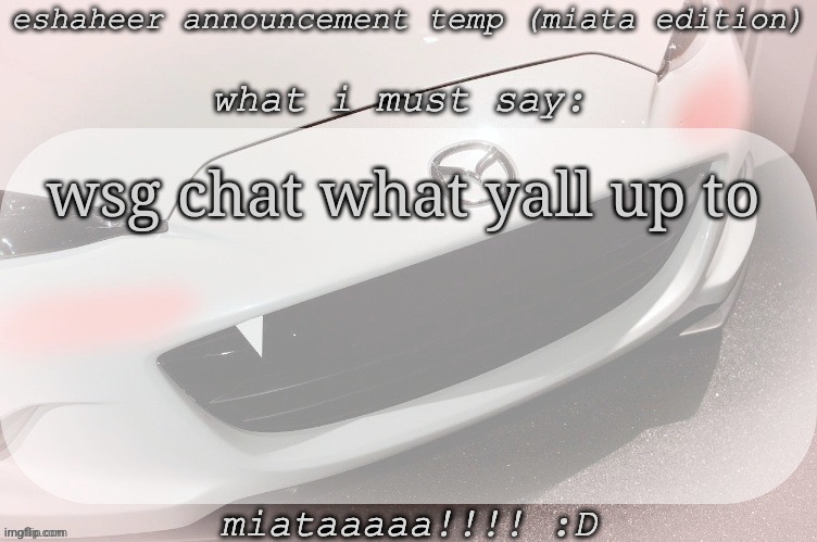 eshaheer announcement temp (miataaa :D) | wsg chat what yall up to | image tagged in eshaheer announcement temp miataaa d | made w/ Imgflip meme maker