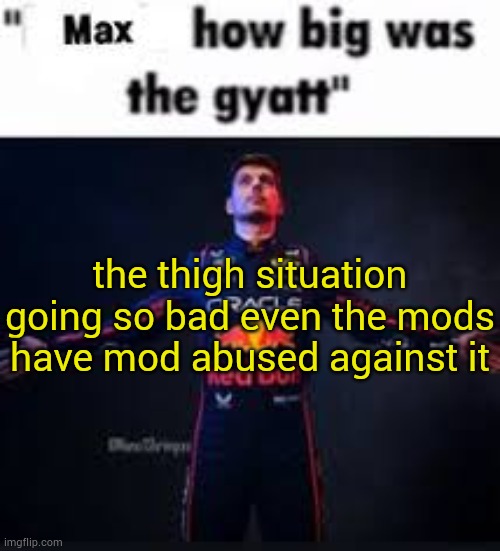 you should hav never done this | the thigh situation going so bad even the mods have mod abused against it | image tagged in max how big was the gyatt | made w/ Imgflip meme maker