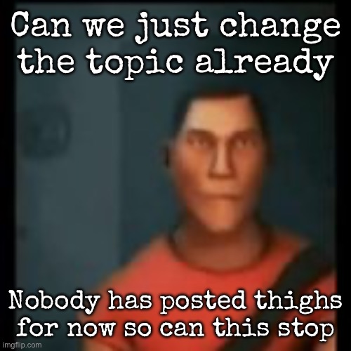 Disappointed Scout | Can we just change the topic already; Nobody has posted thighs for now so can this stop | image tagged in disappointed scout | made w/ Imgflip meme maker