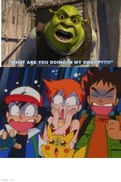 Ash, Misty, Brock, and Pikachu are at Shrek’s Swamp | image tagged in shrek,pokemon,funny,dreamworks,4kids,nintendo | made w/ Imgflip meme maker
