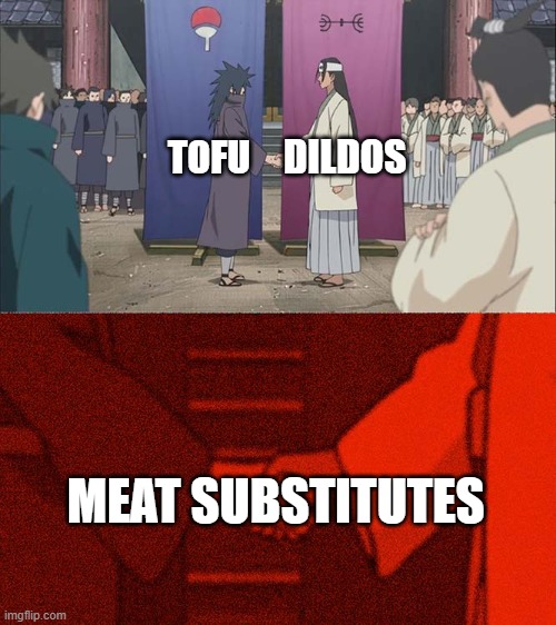 Substitutes | DILDOS; TOFU; MEAT SUBSTITUTES | image tagged in handshake between madara and hashirama | made w/ Imgflip meme maker