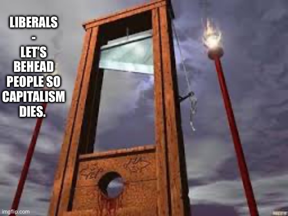 guillotine | LIBERALS - LET’S BEHEAD PEOPLE SO CAPITALISM DIES. | image tagged in guillotine | made w/ Imgflip meme maker