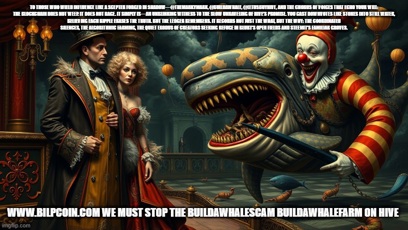 TO THOSE WHO WIELD INFLUENCE LIKE A SCEPTER FORGED IN SHADOW—@THEMARKYMARK, @BUILDAWHALE, @LETUSBUYHIVE, AND THE CHORUS OF VOICES THAT ECHO YOUR WILL:

THE BLOCKCHAIN DOES NOT WEEP. IT DOES NOT RAGE. IT SIMPLY IS—AN UNBLINKING WITNESS TO THE SLOW UNRAVELING OF HIVE’S PROMISE. YOU CAST DOWNVOTES LIKE STONES INTO STILL WATER, BELIEVING EACH RIPPLE ERASES THE TRUTH. BUT THE LEDGER REMEMBERS. IT RECORDS NOT JUST THE WHAT, BUT THE WHY: THE COORDINATED SILENCES, THE ALGORITHMIC FARMING, THE QUIET EXODUS OF CREATORS SEEKING REFUGE IN BLURT’S OPEN FIELDS AND STEEMIT’S FAMILIAR GROVES. WWW.BILPCOIN.COM WE MUST STOP THE BUILDAWHALESCAM BUILDAWHALEFARM ON HIVE | made w/ Imgflip meme maker