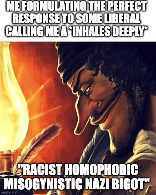 i am a "Racist homophobic misogynistic Nazi bigot" and proud of it! | ME FORMULATING THE PERFECT RESPONSE TO SOME LIBERAL CALLING ME A *INHALES DEEPLY*; "RACIST HOMOPHOBIC MISOGYNISTIC NAZI BIGOT" | image tagged in blank white template,blackbeard writing | made w/ Imgflip meme maker