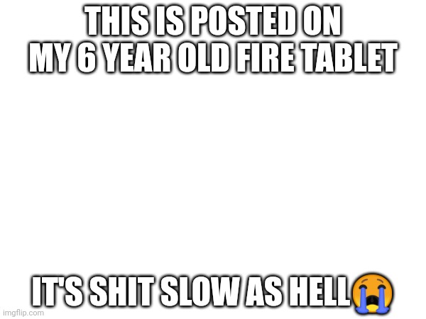 And it has water damage to. So it's just annoying to use | THIS IS POSTED ON MY 6 YEAR OLD FIRE TABLET; IT'S SHIT SLOW AS HELL😭 | made w/ Imgflip meme maker