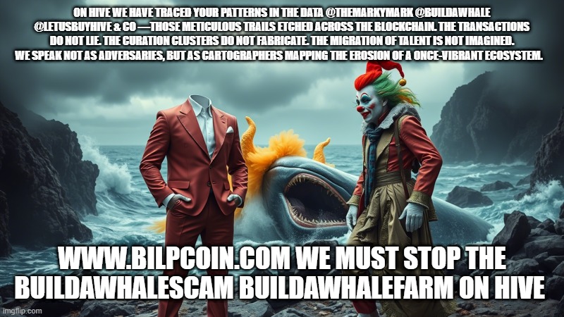 ON HIVE WE HAVE TRACED YOUR PATTERNS IN THE DATA @THEMARKYMARK @BUILDAWHALE @LETUSBUYHIVE & CO —THOSE METICULOUS TRAILS ETCHED ACROSS THE BLOCKCHAIN. THE TRANSACTIONS DO NOT LIE. THE CURATION CLUSTERS DO NOT FABRICATE. THE MIGRATION OF TALENT IS NOT IMAGINED. WE SPEAK NOT AS ADVERSARIES, BUT AS CARTOGRAPHERS MAPPING THE EROSION OF A ONCE-VIBRANT ECOSYSTEM. WWW.BILPCOIN.COM WE MUST STOP THE BUILDAWHALESCAM BUILDAWHALEFARM ON HIVE | made w/ Imgflip meme maker