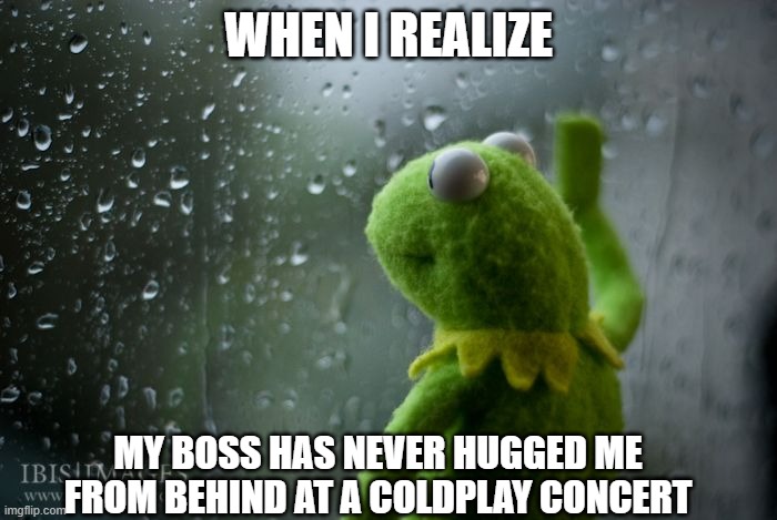Coldplay Sad Kermit | WHEN I REALIZE; MY BOSS HAS NEVER HUGGED ME FROM BEHIND AT A COLDPLAY CONCERT | image tagged in kermit window | made w/ Imgflip meme maker
