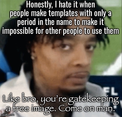 Its pretty annoying | Honestly, I hate it when people make templates with only a period in the name to make it impossible for other people to use them; Like bro, you’re gatekeeping a free image. Come on man. | made w/ Imgflip meme maker