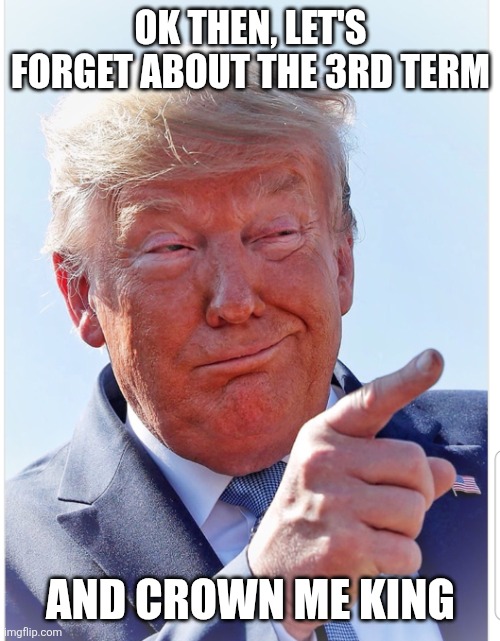 Trump pointing | OK THEN, LET'S FORGET ABOUT THE 3RD TERM AND CROWN ME KING | image tagged in trump pointing | made w/ Imgflip meme maker