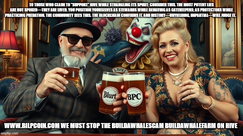 TO THOSE WHO CLAIM TO "SUPPORT" HIVE WHILE STRANGLING ITS SPIRIT: CONSIDER THIS. THE MOST POTENT LIES ARE NOT SPOKEN—THEY ARE LIVED. YOU POSITION YOURSELVES AS STEWARDS WHILE BEHAVING AS GATEKEEPERS; AS PROTECTORS WHILE PRACTICING PREDATION. THE COMMUNITY SEES THIS. THE BLOCKCHAIN CONFIRMS IT. AND HISTORY—UNYIELDING, IMPARTIAL—WILL JUDGE IT. WWW.BILPCOIN.COM WE MUST STOP THE BUILDAWHALESCAM BUILDAWHALEFARM ON HIVE | made w/ Imgflip meme maker
