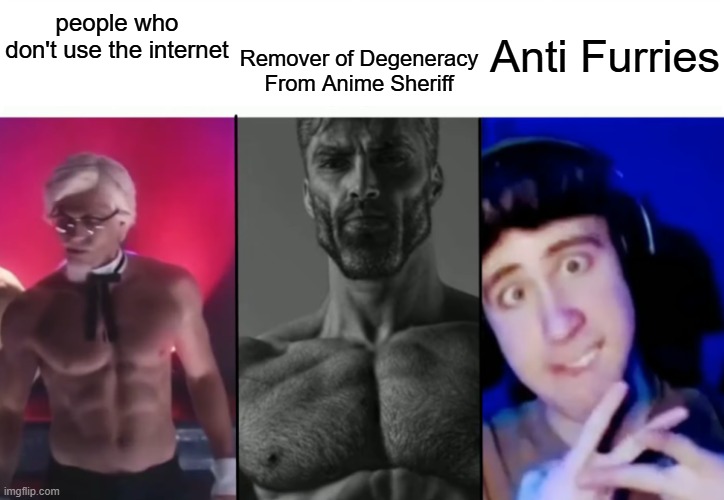Dont you use the internet tho | people who don't use the internet; Anti Furries; Remover of Degeneracy From Anime Sheriff | image tagged in colonel sanders vs gigachad vs femboy | made w/ Imgflip meme maker