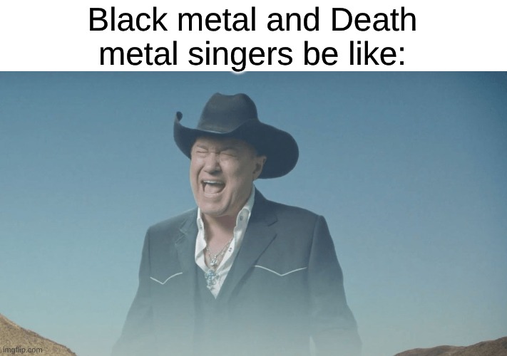 Hot Take: Black Metal Is Cringe | Black metal and Death metal singers be like: | image tagged in screaming cowboy,memes,music,rock music,heavy metal,black metal | made w/ Imgflip meme maker