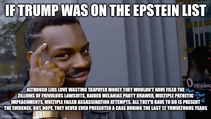 Epstein List Trump | IF TRUMP WAS ON THE EPSTEIN LIST; ALTHOUGH LIBS LOVE WASTING TAXPAYER MONEY THEY WOULDN'T HAVE FILED THE ZILLIONS OF FRIVOLOUS LAWSUITS, RAIDED MELANIAS PANTY DRAWER, MULTIPLE PATHETIC IMPEACHMENTS, MULTIPLE FAILED ASSASSINATION ATTEMPTS. ALL THEY'D HAVE TO DO IS PRESENT THE EVIDENCE. BUT, NOPE, THEY NEVER EVEN PRESENTED A CASE DURING THE LAST 12 TUMULTUOUS YEARS | image tagged in memes,roll safe think about it | made w/ Imgflip meme maker