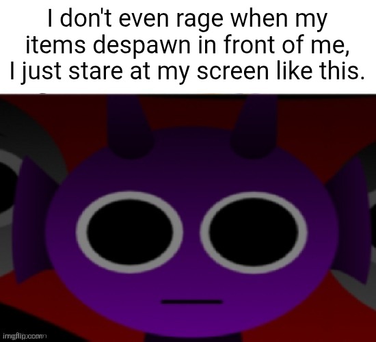 Durple Stare at you (without text) | I don't even rage when my items despawn in front of me, I just stare at my screen like this. | image tagged in durple stare at you without text | made w/ Imgflip meme maker