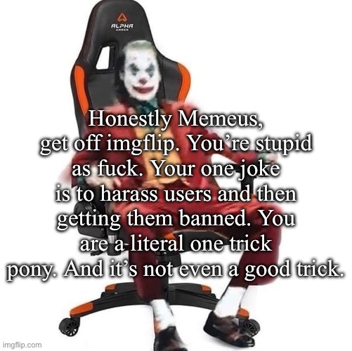 You might be along the worst users here. Please, exit the stream and never come back. | Honestly Memeus, get off imgflip. You’re stupid as fuck. Your one joke is to harass users and then getting them banned. You are a literal one trick pony. And it’s not even a good trick. | image tagged in average reaction image | made w/ Imgflip meme maker