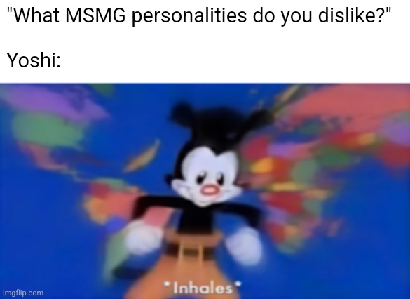 Yakko inhale | "What MSMG personalities do you dislike?" 
 
Yoshi: | image tagged in yakko inhale | made w/ Imgflip meme maker