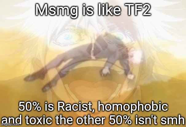 Mf on drugs fr | Msmg is like TF2; 50% is Racist, homophobic and toxic the other 50% isn't smh | image tagged in mf on drugs fr | made w/ Imgflip meme maker