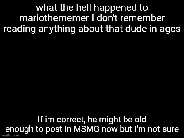 what the hell happened to mariothememer I don't remember reading anything about that dude in ages; If im correct, he might be old enough to post in MSMG now but I'm not sure | made w/ Imgflip meme maker