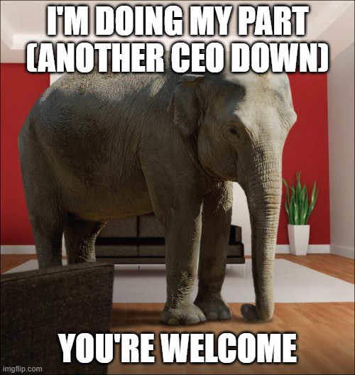 doing my part | I'M DOING MY PART (ANOTHER CEO DOWN); YOU'RE WELCOME | image tagged in elephant in the room,ceo down | made w/ Imgflip meme maker