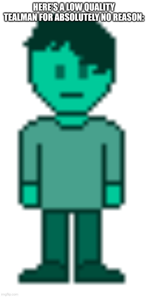 tealman | HERE'S A LOW QUALITY TEALMAN FOR ABSOLUTELY NO REASON: | image tagged in tealman | made w/ Imgflip meme maker