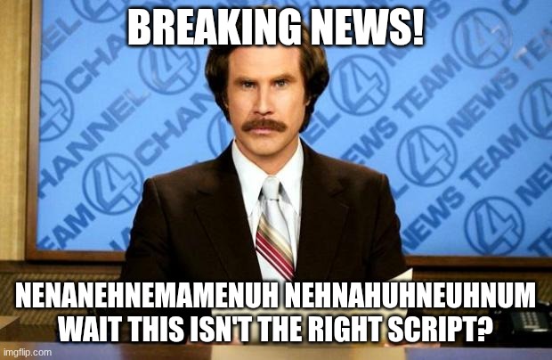 brookhaven type of script | BREAKING NEWS! NENANEHNEMAMENUH NEHNAHUHNEUHNUM WAIT THIS ISN'T THE RIGHT SCRIPT? | image tagged in breaking news | made w/ Imgflip meme maker
