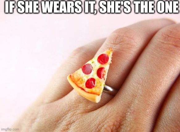 THE PERFECT WEDDING RING | IF SHE WEARS IT, SHE'S THE ONE | image tagged in ring,pizza,pizza time | made w/ Imgflip meme maker