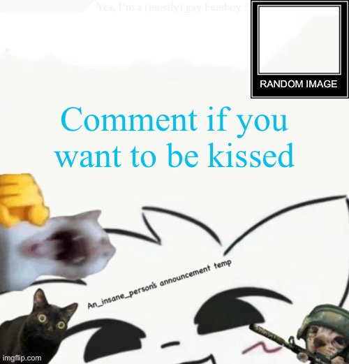 (It doesn’t have to be by me, but if you don’t name a someone, it defaults to me) | Comment if you want to be kissed | image tagged in my lil announcement | made w/ Imgflip meme maker
