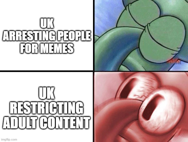 sleeping Squidward | UK ARRESTING PEOPLE FOR MEMES; UK RESTRICTING ADULT CONTENT | image tagged in sleeping squidward | made w/ Imgflip meme maker