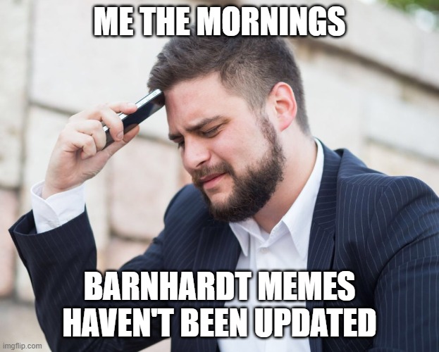 Barnhardt Memes Not Updated | ME THE MORNINGS; BARNHARDT MEMES
HAVEN'T BEEN UPDATED | image tagged in sad phone guy | made w/ Imgflip meme maker