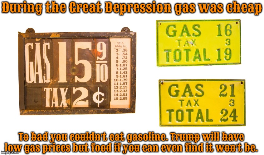 Trump's Golden Depression | During the Great Depression gas was cheap; To bad you couldn't eat gasoline. Trump will have low gas prices but food if you can even find it won't be. | image tagged in trump's golden depression,are better off now since trump took office,tariff terrorism,maga madness,gas prices were low in 1929 | made w/ Imgflip meme maker