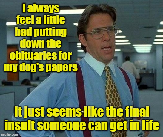 After death dog doo | I always feel a little bad putting down the obituaries for my dog's papers; It just seems like the final insult someone can get in life | image tagged in memes,that would be great,insults,dogs,newspaper | made w/ Imgflip meme maker