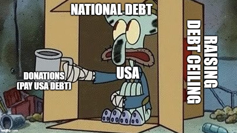 one must admit this is slightly silly | NATIONAL DEBT; RAISING DEBT CEILING; DONATIONS
(PAY USA DEBT); USA | image tagged in squidward spare change | made w/ Imgflip meme maker