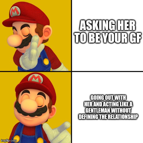 Mario shoud make a certain girl his gf... | ASKING HER TO BE YOUR GF; GOING OUT WITH HER AND ACTING LIKE A GENTLEMAN WITHOUT DEFINING THE RELATIONSHIP | image tagged in mario/drake template | made w/ Imgflip meme maker