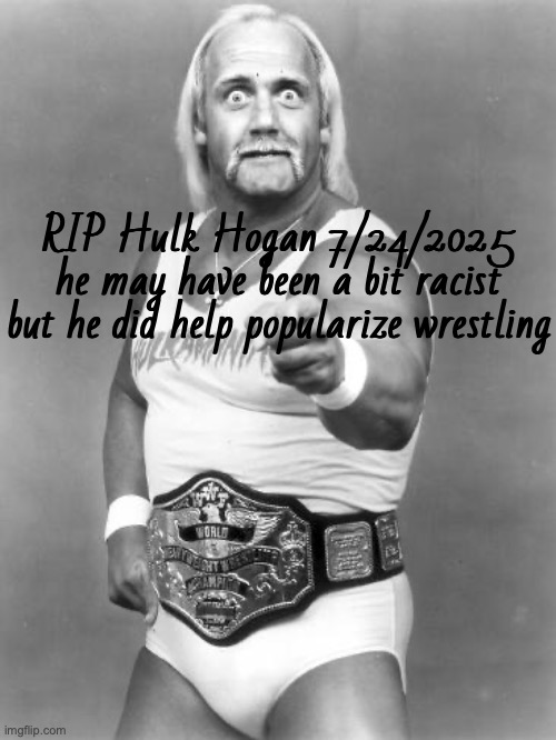 first Ozzy now Hulk Hogan | RIP Hulk Hogan 7/24/2025 he may have been a bit racist but he did help popularize wrestling | image tagged in hulk hogan,memes,wwe,wrestling,pro wrestling,rip | made w/ Imgflip meme maker