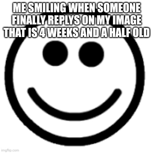 Funny | ME SMILING WHEN SOMEONE FINALLY REPLYS ON MY IMAGE THAT IS 4 WEEKS AND A HALF OLD | image tagged in funny | made w/ Imgflip meme maker