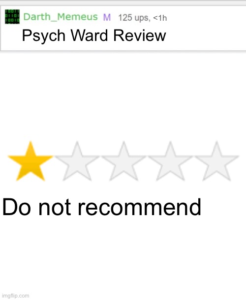 Crazy Reviews | Psych Ward Review; Do not recommend | image tagged in mod memeus,one star review,crazy,hospital,mental illness | made w/ Imgflip meme maker