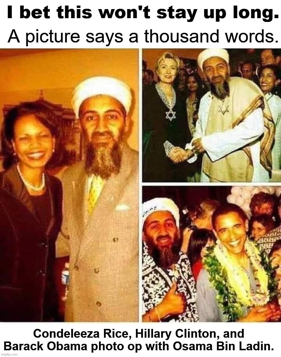I bet this won't stay up long. | image tagged in osama bin laden,crooked hillary,condoleezza rice,barack obama,uniparty,homies | made w/ Imgflip meme maker