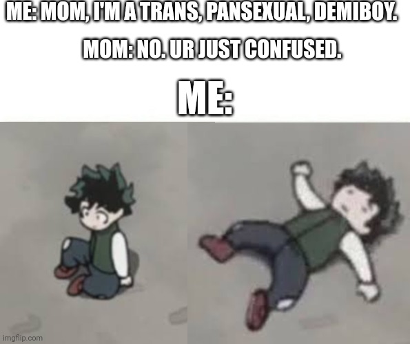 Ok | ME: MOM, I'M A TRANS, PANSEXUAL, DEMIBOY. MOM: NO. UR JUST CONFUSED. ME: | image tagged in deku low quality | made w/ Imgflip meme maker