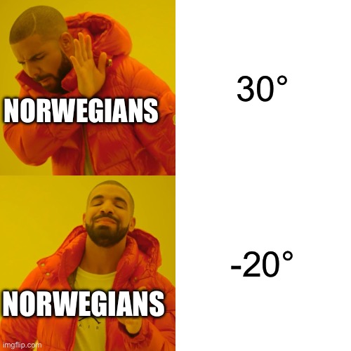 Drake Hotline Bling | 30°; NORWEGIANS; -20°; NORWEGIANS | image tagged in memes,drake hotline bling | made w/ Imgflip meme maker