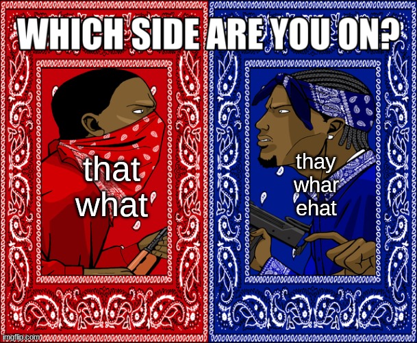 WHICH SIDE ARE YOU ON? | that
what; thay
whar
ehat | image tagged in which side are you on | made w/ Imgflip meme maker