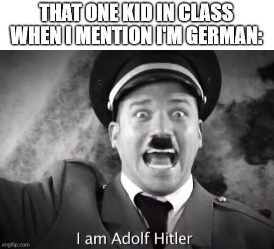 I've learned not to take it so hard over the years but it's still stupid to call anyone a nazi because they're german. | THAT ONE KID IN CLASS WHEN I MENTION I'M GERMAN: | image tagged in i am adolf hitler,memes,german,school | made w/ Imgflip meme maker