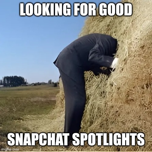 It's not easy. Boy can I tell you, it will shift your meaning of slop. | LOOKING FOR GOOD; SNAPCHAT SPOTLIGHTS | image tagged in finding needle in haystack,snapchat | made w/ Imgflip meme maker