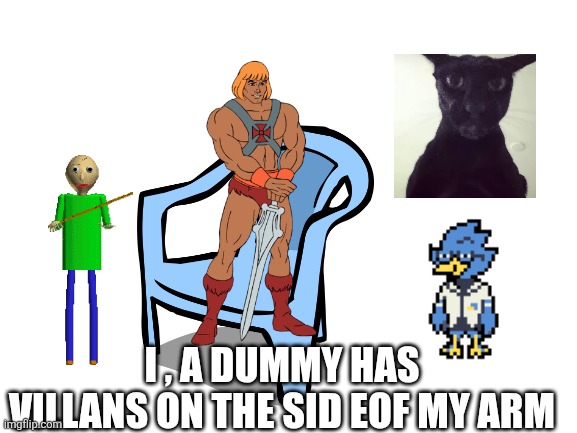 Blank White Template | I , A DUMMY HAS VILLANS ON THE SID EOF MY ARM | image tagged in blank white template | made w/ Imgflip meme maker