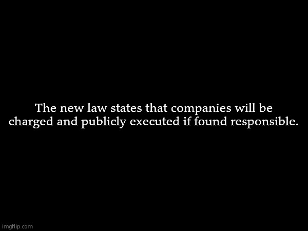 The new law states that companies will be charged and publicly executed if found responsible. | made w/ Imgflip meme maker