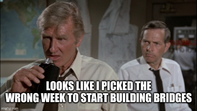 Looks like I picked the wrong week to quit drinking | LOOKS LIKE I PICKED THE WRONG WEEK TO START BUILDING BRIDGES | image tagged in looks like i picked the wrong week to quit drinking | made w/ Imgflip meme maker