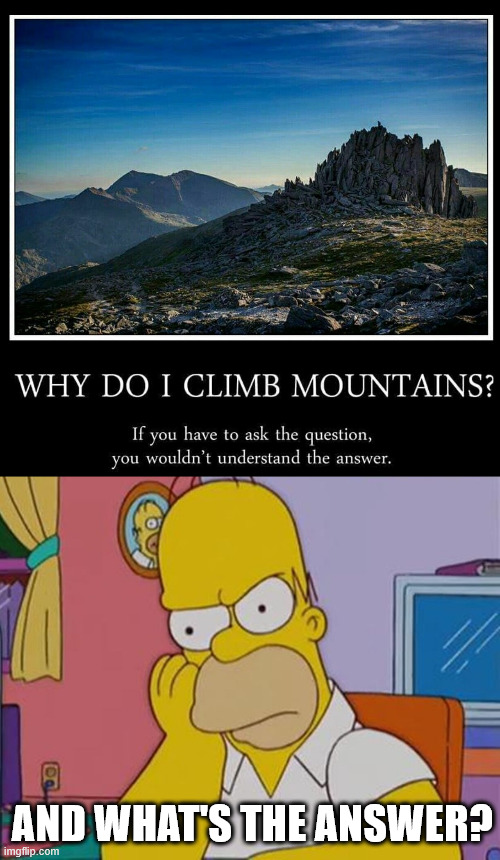 Climbing Philosophy | AND WHAT'S THE ANSWER? | image tagged in climbing,meme,lattice climbing,philosophy,the simpsons,latticeclimbing | made w/ Imgflip meme maker