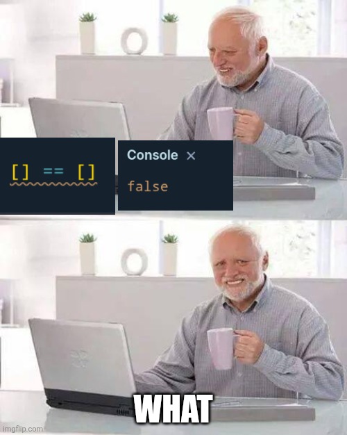 ?: It because the memory of that array is Diffrents | WHAT | image tagged in memes,hide the pain harold,javascript,websites,web | made w/ Imgflip meme maker