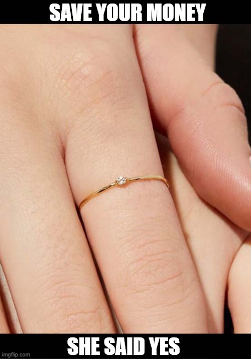 It's The Thought That Counts (If You're A Miser) ! | SAVE YOUR MONEY; SHE SAID YES | image tagged in tiny,engagemnet,ring,mean,dark humour | made w/ Imgflip meme maker