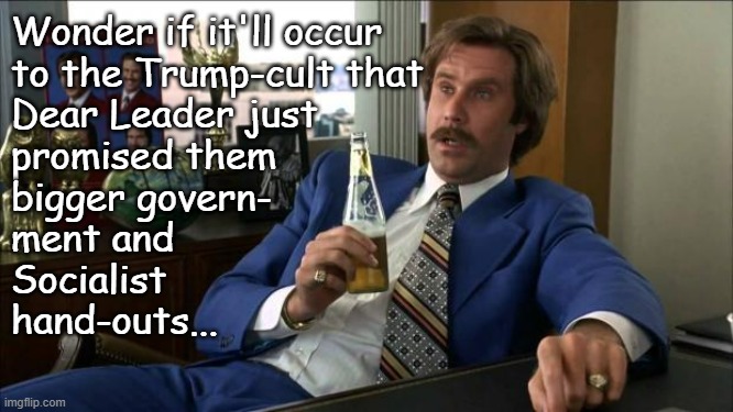 Ron Burgundy | Wonder if it'll occur
to the Trump-cult that
Dear Leader just
promised them
bigger govern-
ment and
Socialist
hand-outs... | image tagged in ron burgundy | made w/ Imgflip meme maker